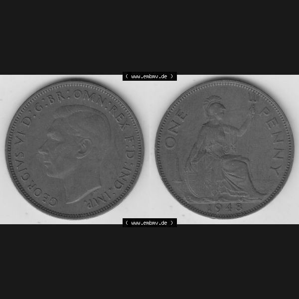 Grau bzw. s/w Alte Münzen Großbritannien Umlaufmünze 1937-1948, 1 Penny, One Penny, 1948-1, GEORGIVS VI, D G BR OMN REX F D IND IMP HP. Vorderseite und Rückseite... Sammlung Graustufen