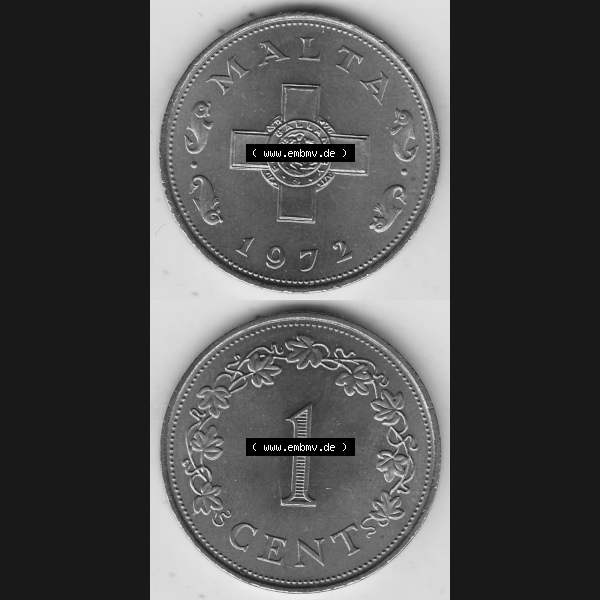 Grau bzw. s/w Bildmaterial Münzensatz / KMS 1972 aus Malta 1972-1982, 1 Cent 1972-1, MALTA 1 CENT. Vorderseite und Rückseite als vertikales untereinander zusammengefügte Bilder... Sammlung Graustufen
