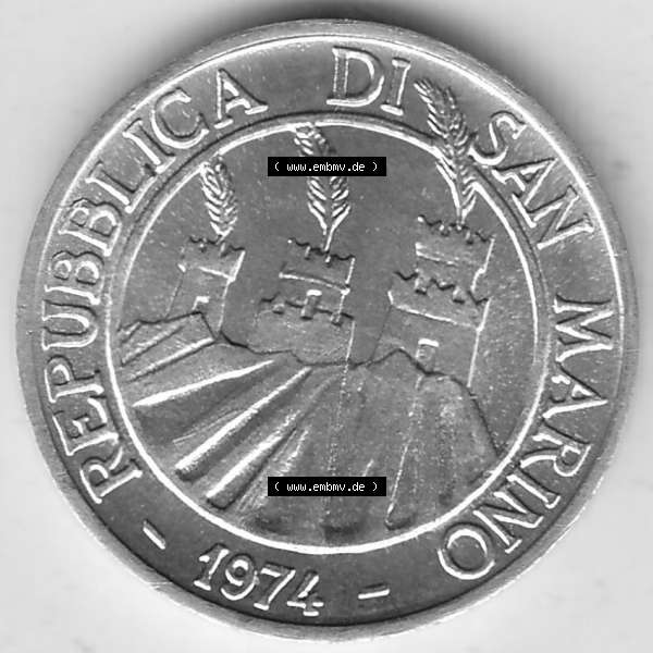 Grau bzw. s/w Bildmaterial Münzensatz / KMS 1974 aus San Marino 1974-1974, 1 Lire, 1 Lira, L.1 MINGUZZI MONASSI INC.. Vorderseite einer Umlaufmünze aus 1974 REPUBBLICA... Sammlung Graustufen
