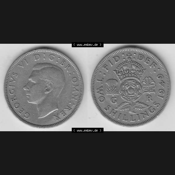 Grau bzw. s/w Alte Münzen Großbritannien Umlaufmünze 1947-1948, 2 Schilling-Florin, Two Shillings, 1949-3, George VI, GEORGIVS VI D G BR OMN REX, FID DEF IND IMP,... Sammlung Graustufen