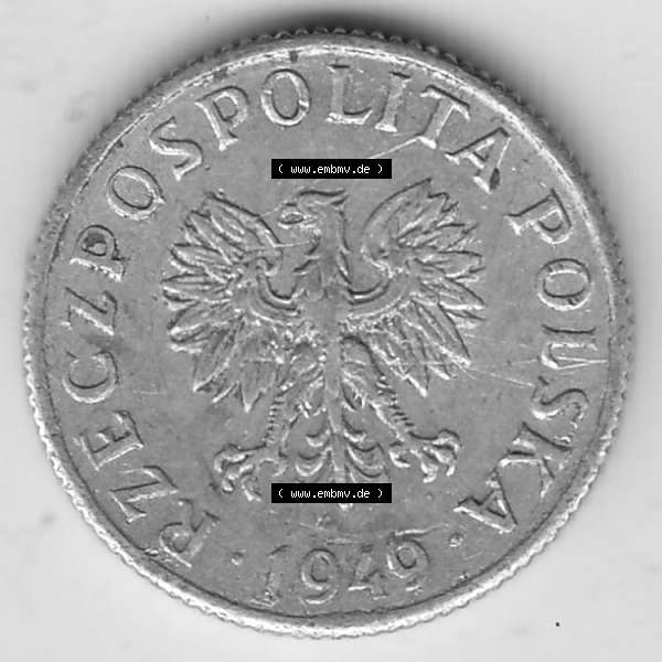 Grau bzw. s/w Münzen Polen KMS, Kursmünzensatz 1949-1949, Republik Polen 1 Grosz, Groschen, Aluminium 1949-1. Vorderseite einer polnischen Münzen auf einen Digitalen Bild... Sammlung Graustufen
