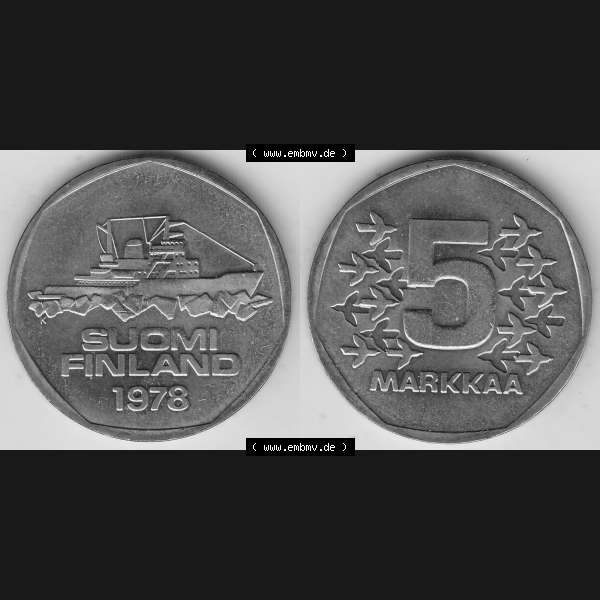 Grau bzw. s/w Alte Münzen KMS Finnland, Kursmünzensatz 1978 in Stempelglanz 1972-1978, 5 finnische Mark, Markkaa, 1978-1. Digitales Bild / Bildmaterial mit Vorderseite und... Sammlung Graustufen