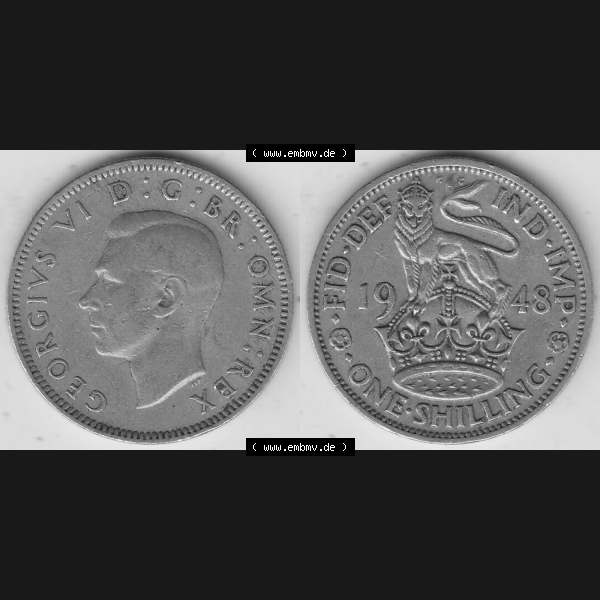 Grau bzw. s/w Alte Münzen Großbritannien Umlaufmünze 1949-1951, 1 One Schilling - Shilling, 1948-5 Stehender Löwe auf Krone. Vorderseite und Rückseite horizontal auf einen... Sammlung Graustufen