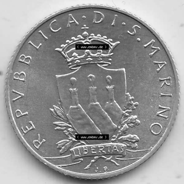 Grau bzw. s/w Bildmaterial Münzensatz / KMS 1979 aus San Marino 1979-1979, 2 Lire, J. V. LIBERTAS REPVBBLICA DI S. MARINO, 1979 L.2. Vorderseite einer Umlaufmünze... Sammlung Graustufen