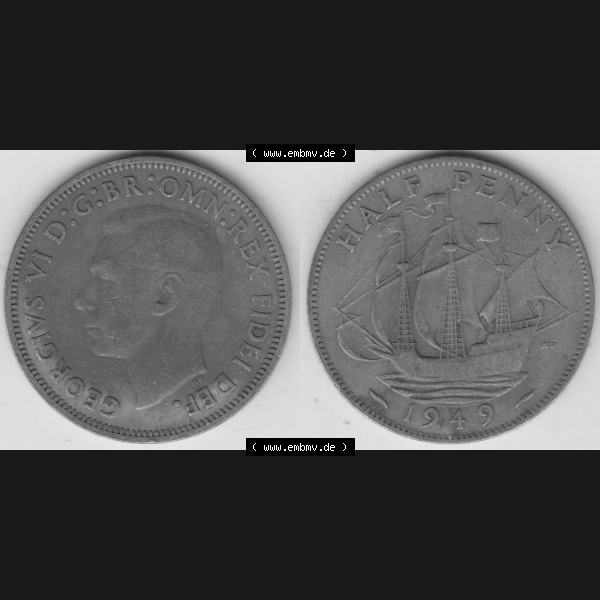 Grau bzw. s/w Alte Münzen Großbritannien Umlaufmünze 1949-1952, Half Penny, 1949-1, George VI, HALF PENNY HP, Segelschiff. Vorderseite und Rückseite horizontal... Sammlung Graustufen