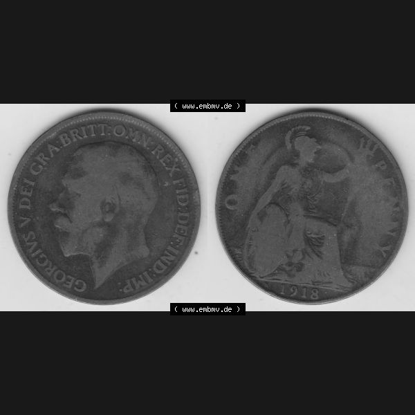 Grau bzw. s/w Alte Münzen Großbritannien Umlaufmünze 1911-1926, 1 Penny, One Penny, 1918-1, B.M. GEORGIVS V DEI GRA BRITT OMN REX FID DEF IND IMP. Vorderseite... Sammlung Graustufen