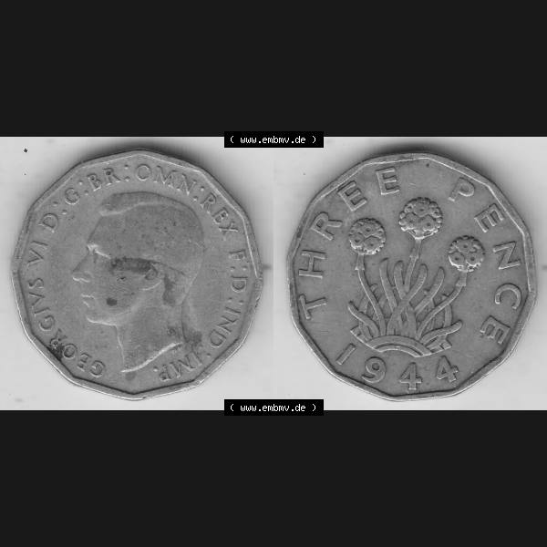 Grau bzw. s/w Alte Münzen Großbritannien Umlaufmünze 1937-1948, 3 Pence, Three Pence 1944-1, George VI, GEORGIVS VI D G BR OMN REX F D IND IMP. Vorderseite und Rückseite... Sammlung Graustufen