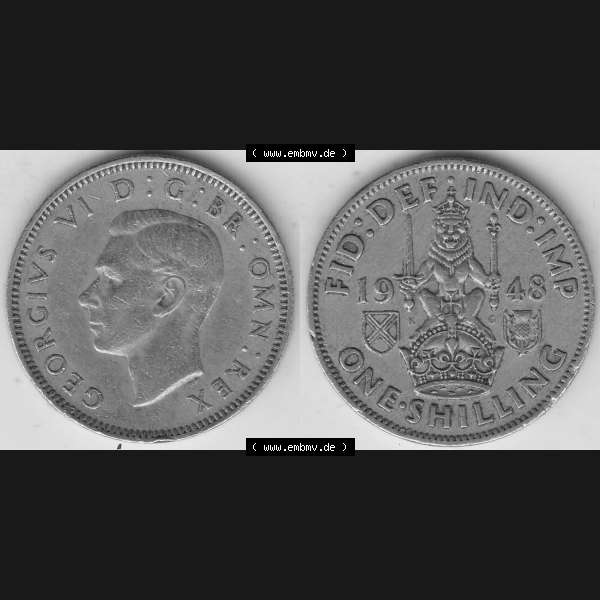 Grau bzw. s/w Alte Münzen Großbritannien Umlaufmünze 1949-1951, 1 One Schilling - Shilling, 1948-6 Stehender Löwe auf Krone. Vorderseite und Rückseite horizontal auf einen... Sammlung Graustufen