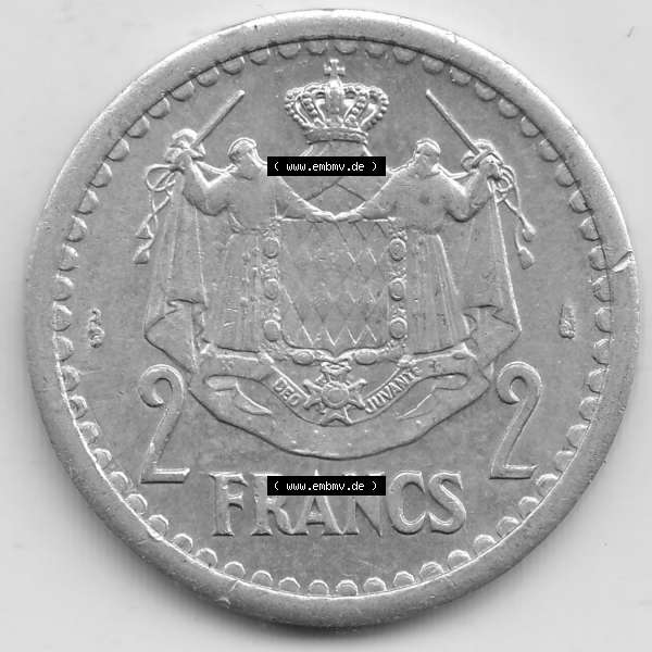 Grau bzw. s/w Alte Münzen Monaco Umlaufmünze Einzelansicht 1943-1943, 2 Franken 1943-1 in Aluminium, LOUIS II PRINCE DE MONACO, 2 FRANCS DEO JUVANTE. Rückseite auf einen digitalen... Sammlung Graustufen