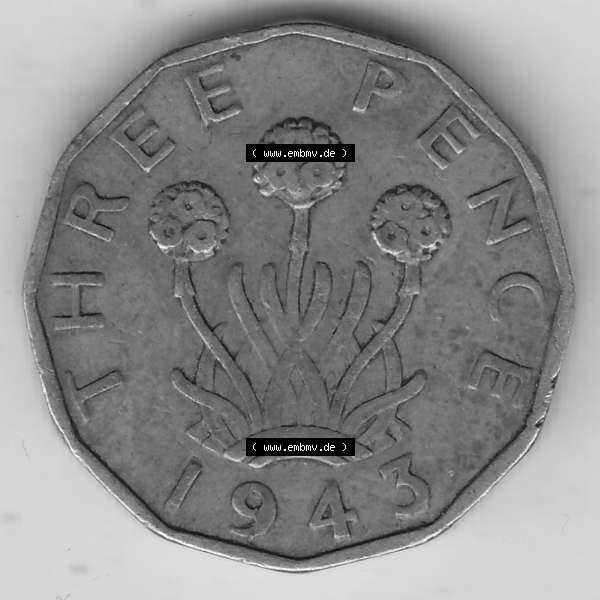 Grau bzw. s/w Alte Münzen Großbritannien Umlaufmünze 1937-1948, 3 Pence, Three Pence 1943-1, George VI, GEORGIVS VI D G BR OMN REX F D IND IMP. Rückseite der alten... Sammlung Graustufen