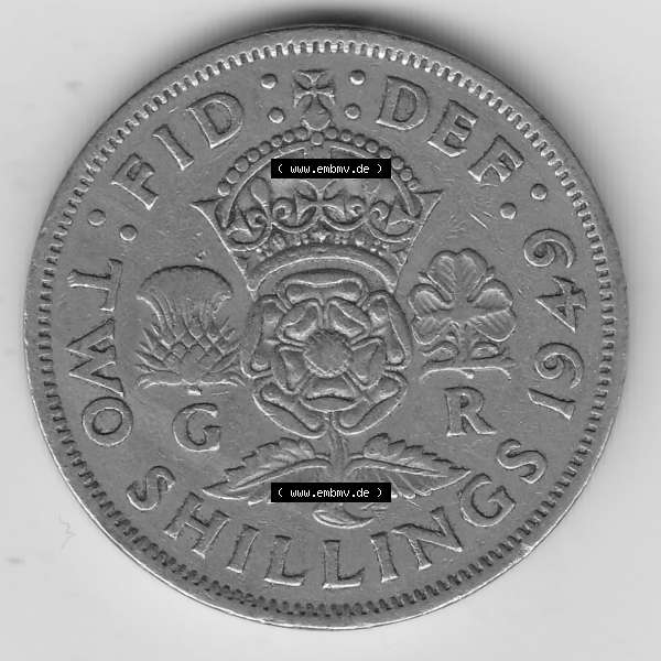 Grau bzw. s/w Alte Münzen Großbritannien Umlaufmünze 1947-1948, 2 Schilling-Florin, Two Shillings, 1949-3, George VI, GEORGIVS VI D G BR OMN REX, FID DEF IND IMP,... Sammlung Graustufen