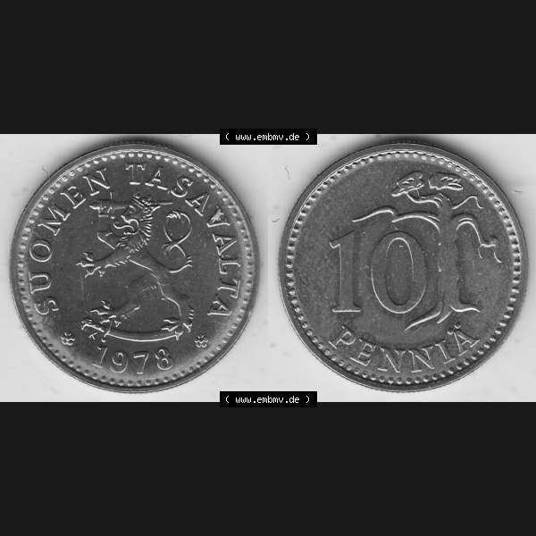 Grau bzw. s/w Alte Münzen KMS Finnland, Kursmünzensatz 1978 in Stempelglanz 1963-1982, 10 Penny, 1978-1. Digitales Bild / Bildmaterial mit Vorderseite und Rückseite einer... Sammlung Graustufen