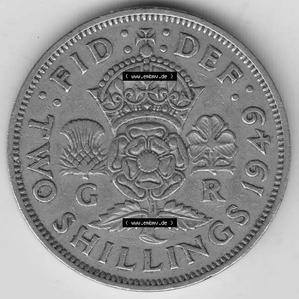 Grau bzw. s/w Alte Münzen Großbritannien Umlaufmünze 1949-1951, 2 Schilling, Shillings (Florin) 1949-1, George VI, GEORGIVS VI DG BR OMN REX, FID DEF TWO SHILLINGS.... Sammlung Graustufen