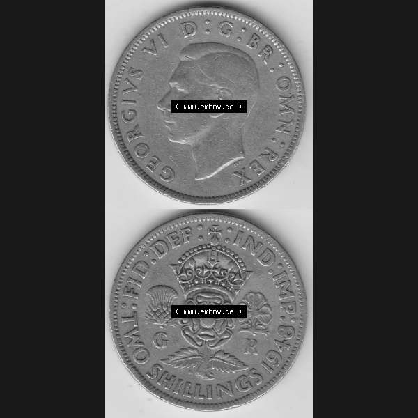 Grau bzw. s/w Alte Münzen Großbritannien Umlaufmünze 1947-1948, 2 Schilling-Florin, Two Shillings, 1948-8, George VI, GEORGIVS VI D G BR OMN REX, FID DEF IND IMP,... Sammlung Graustufen
