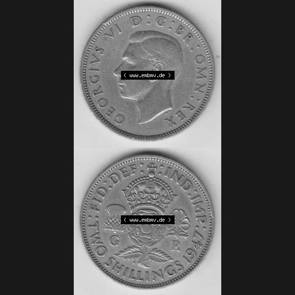 Grau bzw. s/w Alte Münzen Großbritannien Umlaufmünze 1947-1948, 2 Schilling-Florin, Two Shillings, 1947-4, George VI, GEORGIVS VI D G BR OMN REX, FID DEF IND IMP,... Sammlung Graustufen