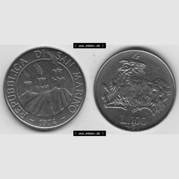 Grau bzw. s/w Bildmaterial Münzensatz / KMS 1974 aus San Marino 1974-1974, 100 Lire, L.100 MINGUZZI MONASSI INC.. Vorderseite und Rückseite als horizontales Bildmaterial... Sammlung Graustufen