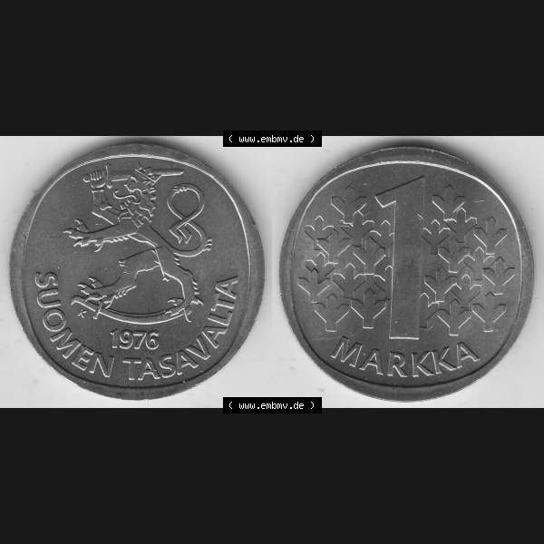 Grau bzw. s/w Alte Münzen KMS Finnland, Kursmünzensatz 1976 in Stempelglanz 1969-1993, 1 Finnische Mark, Markka 1976-1, SUOMEN TASAVALTA. Vorderseite und Rückseite zusammengefügt... Sammlung Graustufen