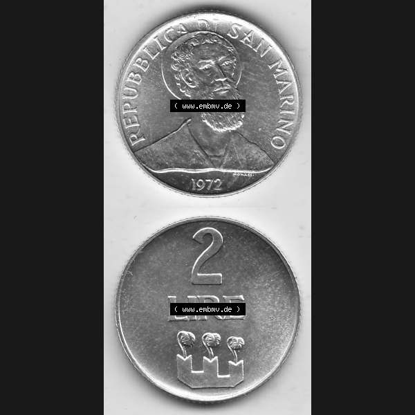 Grau bzw. s/w Bildmaterial Münzensatz / KMS 1972 aus San Marino 1972-1972, 2 Lire 1972, 2 LIRE MONASSI REPUBBLICA DI SAN MARINO. Vorderseite und Rückseite einer Umlaufmünze mit... Sammlung Graustufen
