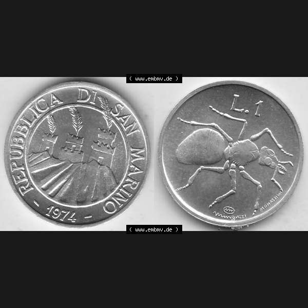 Grau bzw. s/w Bildmaterial Münzensatz / KMS 1974 aus San Marino 1974-1974, 1 Lire, 1 Lira, L.1 MINGUZZI MONASSI INC.. Vorderseite und Rückseite als horizontales Bildmaterial... Sammlung Graustufen