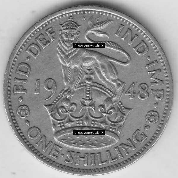 Grau bzw. s/w Alte Münzen Großbritannien Umlaufmünze 1949-1951, 1 One Schilling - Shilling, 1948-3 Stehender Löwe auf Krone. Rückseite der alten britischen Münze aus... Sammlung Graustufen
