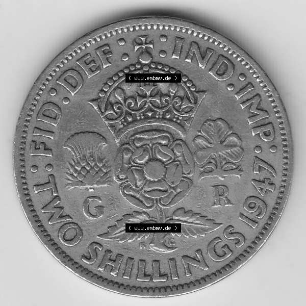 Grau bzw. s/w Alte Münzen Großbritannien Umlaufmünze 1947-1948, 2 Schilling-Florin, Two Shillings, 1947-3, George VI, GEORGIVS VI D G BR OMN REX, FID DEF IND IMP,... Sammlung Graustufen
