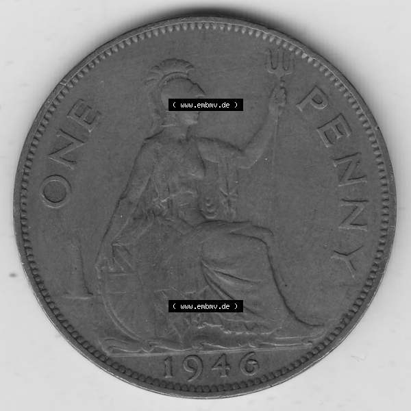 Grau bzw. s/w Münzen Großbritannien Umlaufmünze 1937-1948. 1 One Penny 1946-1, George VI, GEORGIVS VI DGBROMNREX FDINDIMP. HP. Rückseite der alten britischen Münze... Sammlung Graustufen