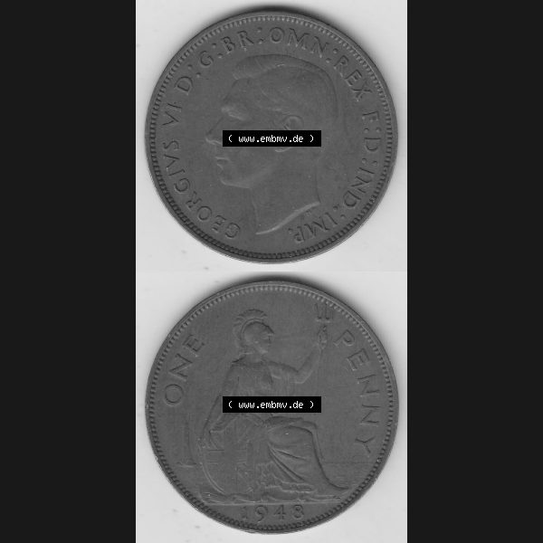 Grau bzw. s/w Alte Münzen Großbritannien Umlaufmünze 1937-1948, 1 Penny, One Penny, 1948-1, GEORGIVS VI, D G BR OMN REX F D IND IMP HP. Vorderseite und Rückseite... Sammlung Graustufen