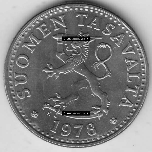 Grau bzw. s/w Alte Münzen KMS Finnland, Kursmünzensatz 1978 in Stempelglanz 1963-1990, 20 Penny, 1978-1. Vorderseite einer Münze aus offiziellen KMS / Kursmünzen bzw.... Sammlung Graustufen