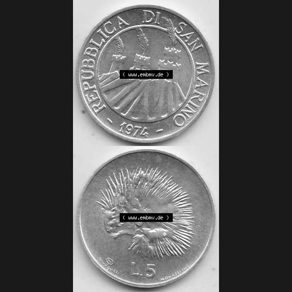 Grau bzw. s/w Bildmaterial Münzensatz / KMS 1974 aus San Marino 1974-1974, 5 Lire, L.5 MINGUZZI MONASSI INC.. Vorderseite und Rückseite als vertikales untereinander zusammengefügte... Sammlung Graustufen