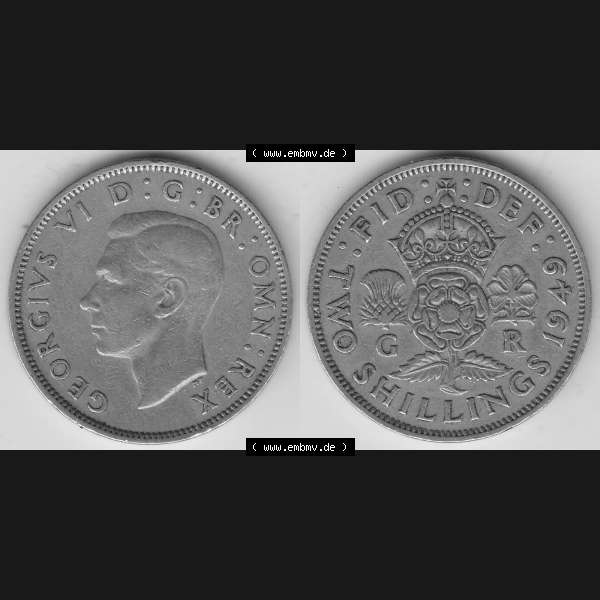 Grau bzw. s/w Alte Münzen Großbritannien Umlaufmünze 1949-1951, 2 Schilling, Shillings (Florin) 1949-1, George VI, GEORGIVS VI DG BR OMN REX, FID DEF TWO SHILLINGS.... Sammlung Graustufen