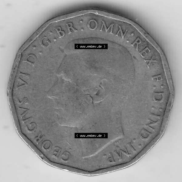 Grau bzw. s/w Alte Münzen Großbritannien Umlaufmünze 1937-1948, 3 Pence, Three Pence 1943-3, George VI, GEORGIVS VI D G BR OMN REX F D IND IMP. Vorderseite der alten britischen... Sammlung Graustufen