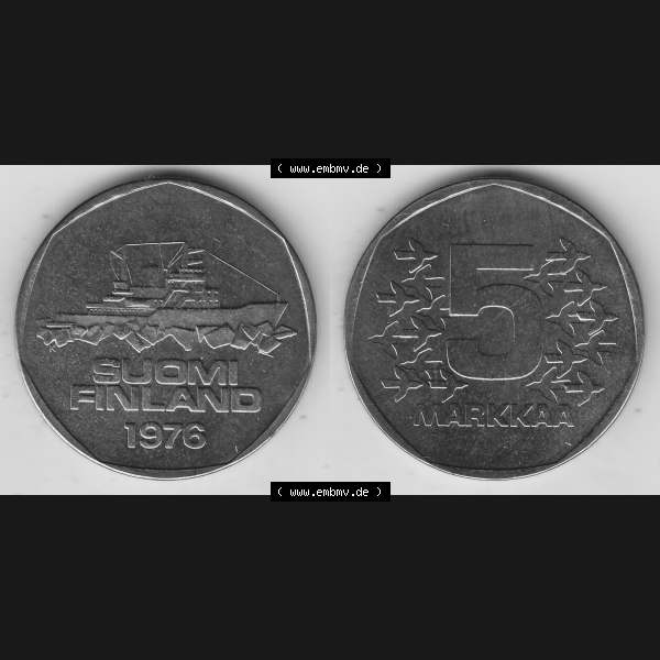 Grau bzw. s/w Alte Münzen KMS Finnland, Kursmünzensatz 1976 in Stempelglanz 1972-1978, 5 Finnische Mark, Markkaa 1976-1, SUOMI FINLAND. Vorderseite und Rückseite zusammengefügt... Sammlung Graustufen