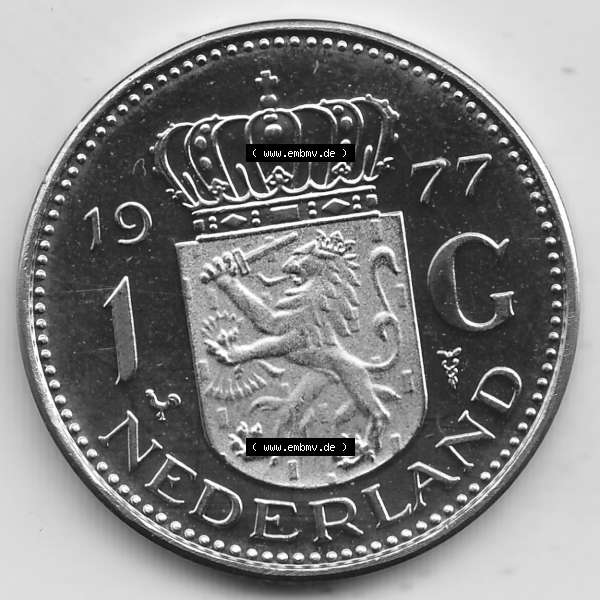 Grau bzw. s/w Alte Münzen KMS Niederlande, Kursmünzensatz 1977, 1967-1980, 1 Gulden, 1977-1 JULIANA KONINGIN DER NEDERLANDEN. Rückseite mit Wert-Zahl bzw. Nennwert... Sammlung Graustufen