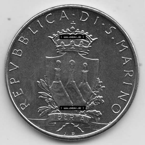 Grau bzw. s/w Bildmaterial Münzensatz / KMS 1979 aus San Marino 1979-1979, 100 Lire, J.P. LIBERTAS REPVBBLICA DI S. MARINO L.100. Vorderseite einer Umlaufmünze... Sammlung Graustufen