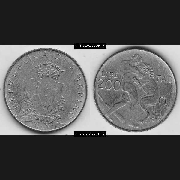 Grau bzw. s/w Bildmaterial Münzensatz / KMS 1979 aus San Marino 1979-1979, 200 Lire, L.200, J. V. LIBERTAS REPVBBLICA DI S. MARINO, 1979 L.200.... Sammlung Graustufen