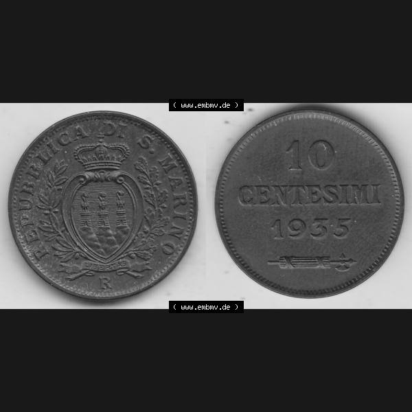 Grau bzw. s/w Bildmaterial Münzen aus San Marino vor 1950, 1935-1938, 10 Centesimi, (Cent-Wert), 1935-1, LIBERTAS REPUBBLICA DI S. MARINO, 10 CENTESIMI 1935.... Sammlung Graustufen