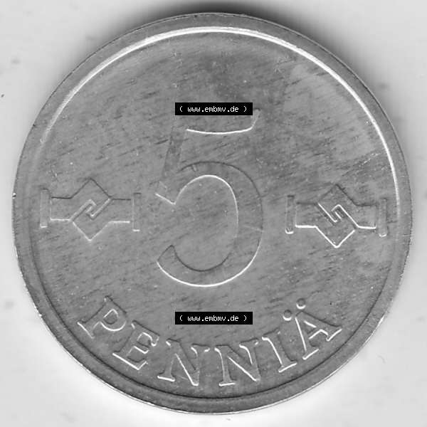 Grau bzw. s/w Alte Münzen KMS Finnland, Kursmünzensatz 1978 in Stempelglanz 1977-1990, 5 Penny, 1978-1. Rückseite mit Wert-Zahl bzw. Nennwert einer Münze aus offiziellen... Sammlung Graustufen