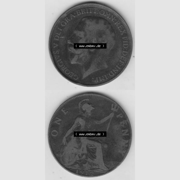 Grau bzw. s/w Alte Münzen Großbritannien Umlaufmünze 1911-1926, 1 Penny, One Penny, 1912-1, B.M. GEORGIVS V DEI GRA BRITT OMN REX FID DEF IND IMP. Vorderseite... Sammlung Graustufen