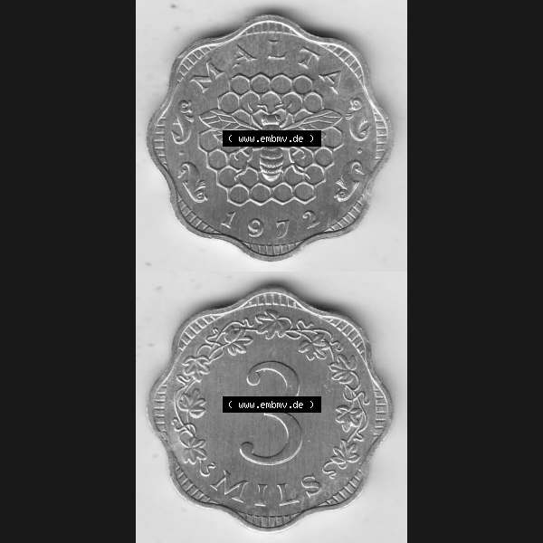 Grau bzw. s/w Bildmaterial Münzensatz / KMS 1972 aus Malta 1972-2006, 3 Mils 1972-1, MALTA 3 MILS. Vorderseite und Rückseite als vertikales untereinander zusammengefügte Bilder... Sammlung Graustufen