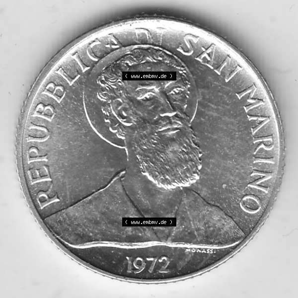 Grau bzw. s/w Bildmaterial Münzensatz / KMS 1972 aus San Marino 1972-1972, 2 Lire 1972, 2 LIRE MONASSI REPUBBLICA DI SAN MARINO. Vorderseite einer Umlaufmünze aus 1972 REPUBBLICA DI... Sammlung Graustufen