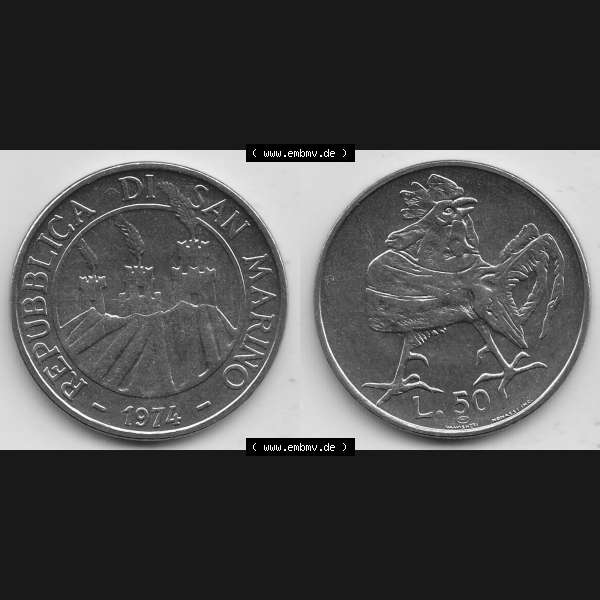 Grau bzw. s/w Bildmaterial Münzensatz / KMS 1974 aus San Marino 1974-1974, 50 Lire, L.50 MINGUZZI MONASSI INC.. Vorderseite und Rückseite als horizontales Bildmaterial... Sammlung Graustufen