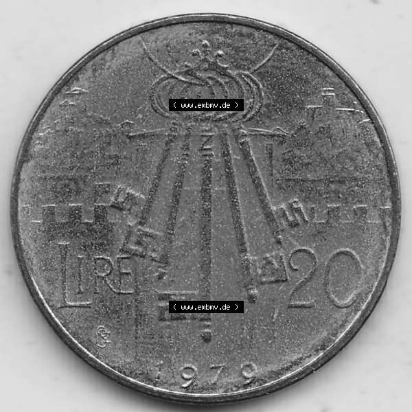 Grau bzw. s/w Bildmaterial Münzensatz / KMS 1979 aus San Marino 1979-1979, 20 Lire, J. V. LIBERTAS REPVBBLICA DI S. MARINO, 1979 20 LIRE. Rückseite als Einzelansicht... Sammlung Graustufen