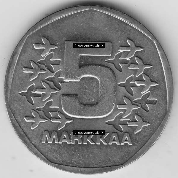 Grau bzw. s/w Alte Münzen KMS Finnland, Kursmünzensatz 1978 in Stempelglanz 1972-1978, 5 finnische Mark, Markkaa, 1978-1. Rückseite mit Wert-Zahl bzw. Nennwert einer... Sammlung Graustufen