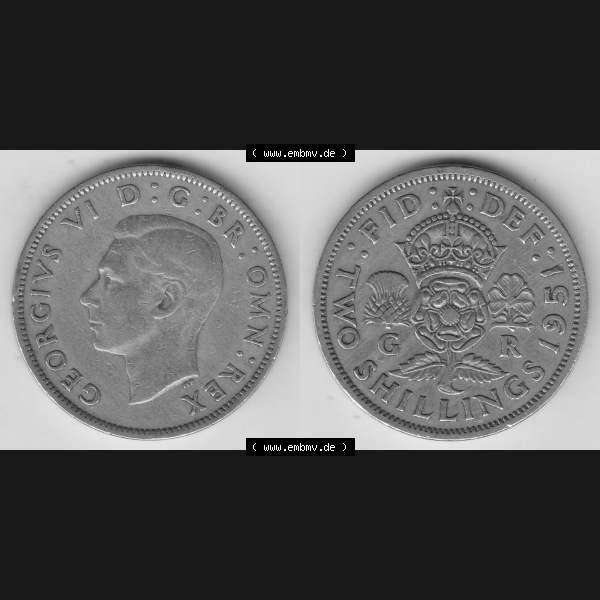Grau bzw. s/w Alte Münzen Großbritannien Umlaufmünze 1949-1951, 2 Schilling, Shillings (Florin) 1951-3, George VI, GEORGIVS VI DG BR OMN REX, FID DEF TWO SHILLINGS.... Sammlung Graustufen