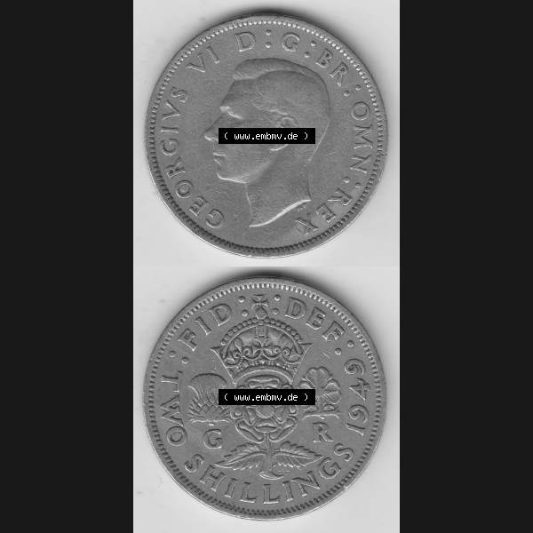 Grau bzw. s/w Alte Münzen Großbritannien Umlaufmünze 1947-1948, 2 Schilling-Florin, Two Shillings, 1949-3, George VI, GEORGIVS VI D G BR OMN REX, FID DEF IND IMP,... Sammlung Graustufen