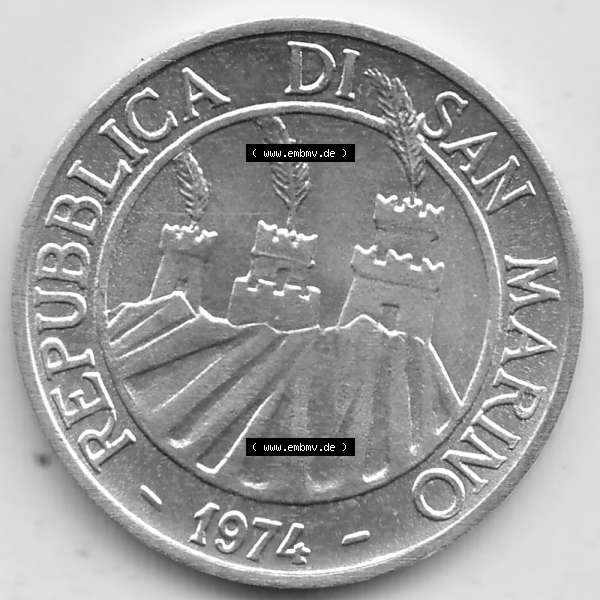 Grau bzw. s/w Bildmaterial Münzensatz / KMS 1974 aus San Marino 1974-1974, 5 Lire, L.5 MINGUZZI MONASSI INC.. Vorderseite einer Umlaufmünze aus 1974 REPUBBLICA DI SAN MARINO,... Sammlung Graustufen