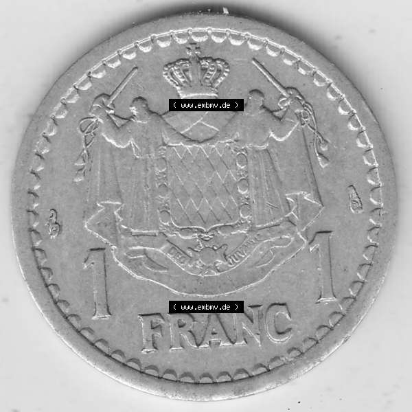 Grau bzw. s/w Alte Münzen Monaco Umlaufmünze Einzelansicht 1943-1943, 1 Franken 1943-1 Aluminium, L. MAUBERT LOUIS II PRINCE DE MONACO, 1 FRANC DEO JUVANTE. Rückseite auf... Sammlung Graustufen