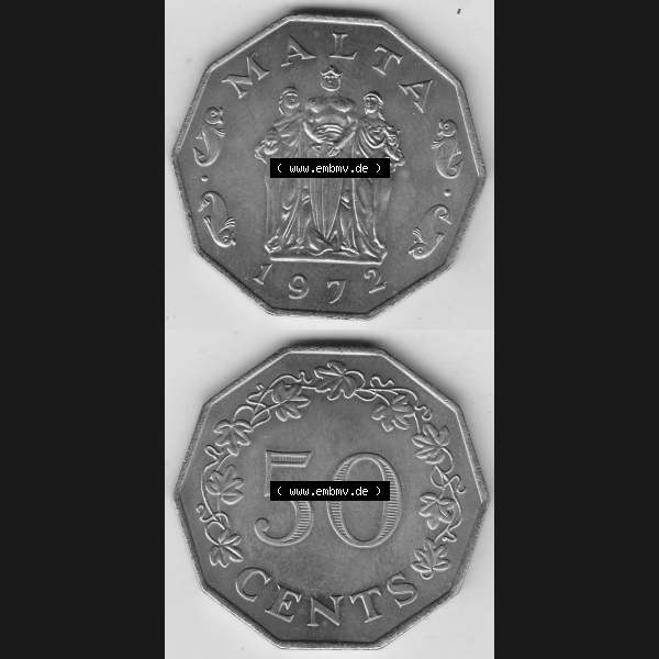 Grau bzw. s/w Bildmaterial Münzensatz / KMS 1972 aus Malta 1972-1981, 50 Cent 1972-1, MALTA 50 CENTS. Vorderseite und Rückseite als vertikales untereinander zusammengefügte Bilder... Sammlung Graustufen