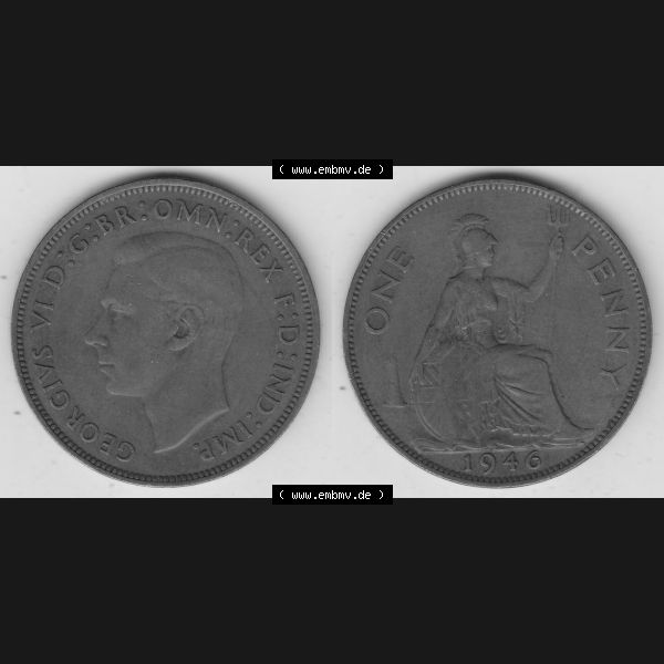 Grau bzw. s/w Münzen Großbritannien Umlaufmünze 1937-1948. 1 One Penny 1946-1, George VI, GEORGIVS VI DGBROMNREX FDINDIMP. HP. Vorderseite und Rückseite horizontal... Sammlung Graustufen