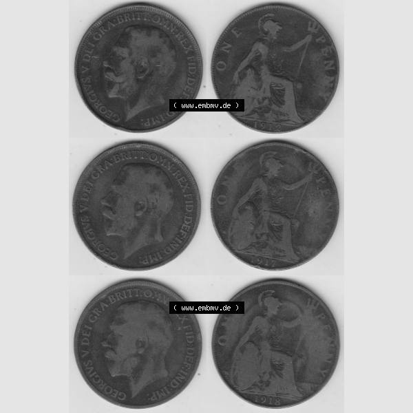 Grau bzw. s/w Alte Münzen Großbritannien Umlaufmünze 1912-1918, 1912, 1917, 1918 One Penny, 1 Penny George V. Ein Satz alter Münzen aus Großbritannien Zeitraum... Sammlung Graustufen